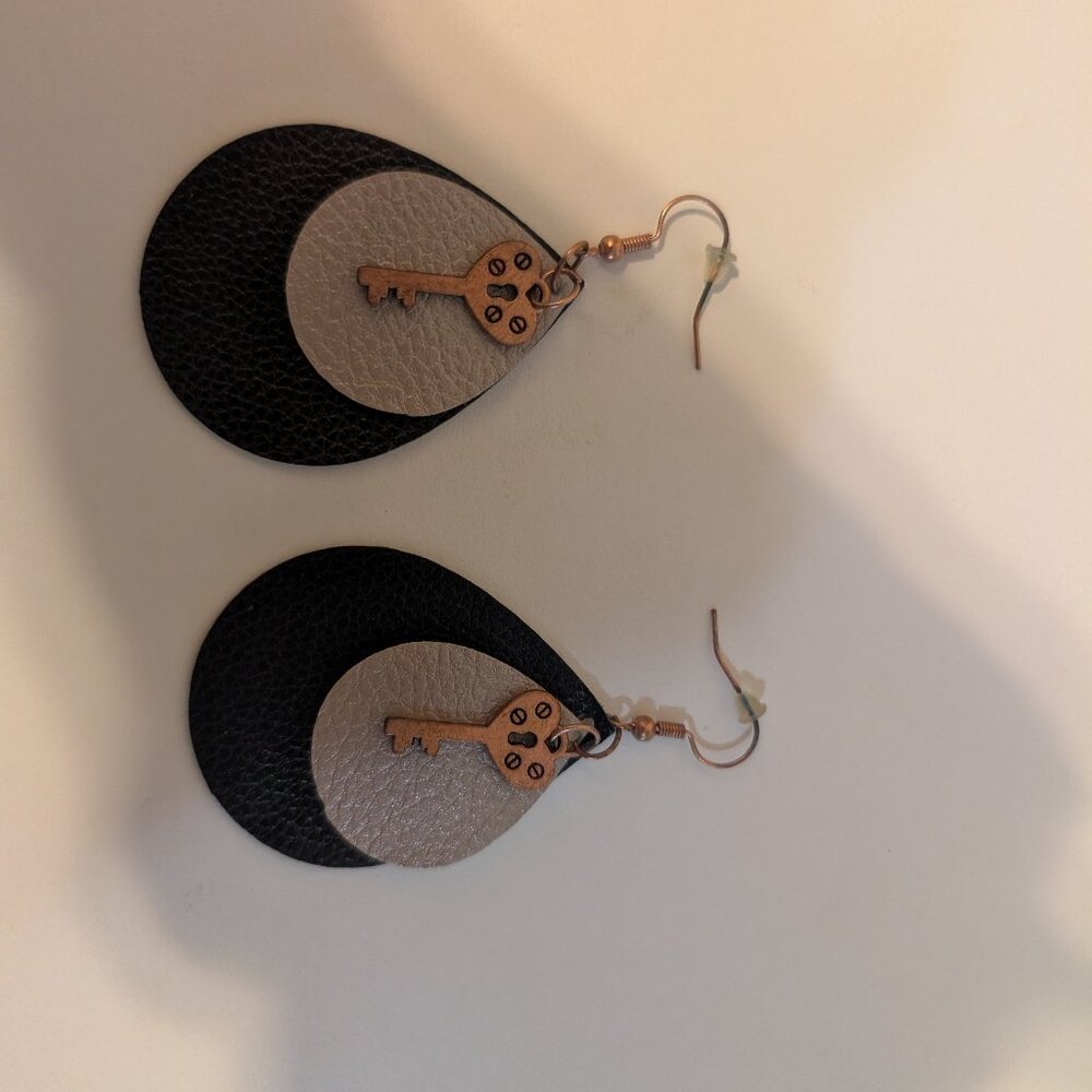 Handmade Black silver leather copper key dangle earrings